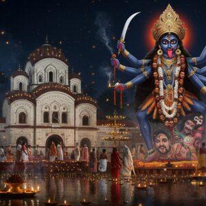 A majestic night scene of the Kalighat Kali Temple with its distinctive Bengali architecture, illuminated by countless golden oil lamps and moonlight. In the foreground, a larger-than-life, ethereal manifestation of Goddess Kali appears, rendered in traditional Bengali Patachitra style but with modern digital aesthetics. She has four arms - upper right holding a sword, upper left holding a severed head, lower right in abhaya mudra, and lower left in varada mudra. She wears a garland of skulls, her tongue extends out, and her skin is deep blue-black with a metallic sheen. Behind her, the temple's white marble structure features intricate Bengali architectural details with golden highlights. Devotees in traditional Bengali attire (red-bordered white sarees for women, dhoti for men) are shown offering red hibiscus flowers. The scene is encompassed by swirling patterns of traditional alpana designs in gold and white. Mystical smoke from dhoop and incense creates a dreamy atmosphere, while floating diyas in the foreground reflect on water. The overall color palette includes deep midnight blues, burning golds, blood reds, and pristine whites, creating a dramatic and spiritual atmosphere.