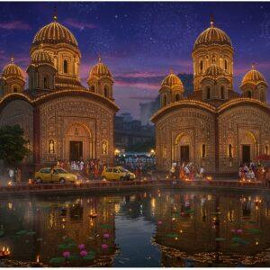 A majestic night scene of the historic Kalighat Kali Temple illuminated with warm golden lights, its distinctive Bengali architecture with curved roof and spires detailed in intricate Madhubani-style patterns. The temple facade features traditional Bengali terracotta work in deep maroon and gold. In the foreground, a serene pond reflects the temple's lights, with floating lotus flowers and brass diyas. Modern yellow taxis and electric metro trains are subtly integrated in the middle ground, suggesting accessibility. The sky features a mystical combination of deep indigo and purple hues with glowing mandalas and sacred geometric patterns. Traditional Bengali-style guest houses and modern hotels are visible in the background, rendered in a combination of traditional Pattachitra art style and contemporary architectural aesthetics. The scene is enhanced with ethereal mist, small floating light orbs, and devotees in traditional Bengali attire walking towards the temple. The overall composition balances heritage architecture with modern elements, using a color palette of deep blacks, golds, maroons, and touches of peacock blue, creating a hypnotic and inviting atmosphere.