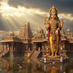 A majestic view of Lord Varadaraja Perumal standing tall in His divine form with four arms - lower right hand in abhaya mudra, lower left hand resting on hip, upper right hand holding chakra, and upper left hand holding conch. He wears a rich golden crown adorned with precious gems, elegant silk vastram in deep yellow, and traditional temple jewelry. Behind Him rises an ornate South Indian temple gopuram with intricate Dravidian architecture, featuring multiple tiers decorated with detailed sculptures in gold and terracotta tones. The temple pond reflects the golden hour sunlight, with floating lotus flowers. The scene is enhanced with ethereal light rays breaking through monsoon clouds, creating a divine atmosphere. In the foreground, devotees in traditional attire perform pradakshina around the temple. The art style combines hyperrealistic digital rendering with traditional Thanjavur painting elements, featuring rich gold leaf effects, deep jewel tones of maroon and peacock blue, and subtle spiritual symbols like mandalas integrated into the architecture. The overall composition emphasizes the temple's grandeur and divine presence.