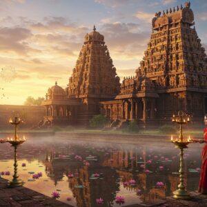 A magnificent ancient South Indian temple complex at sunrise, with golden sunlight illuminating its towering gopuram adorned with intricate Dravidian sculptures in rich maroon and saffron colors. The temple's reflection shimmers in a sacred pond filled with pink lotus flowers. In the foreground, two traditionally dressed Indian women in silk sarees (one in peacock blue, one in deep red) carry brass temple lamps with glowing flames. The scene features mystical elements like floating mandala patterns in the sky, ethereal light beams filtering through morning mist, and delicate flower petals carried by a gentle breeze. The architecture showcases detailed stone carvings of deities, mythological scenes, and geometric patterns in the Hoysala style. The atmosphere combines both grandeur and serenity, with soft pastel clouds in the background contrasting with the rich, deep colors of the temple structure. The overall composition merges traditional Pattachitra art style with modern digital aesthetics, creating a dreamy, spiritual ambiance. Hyper-detailed, cinematic lighting, photorealistic quality.