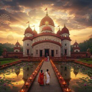 A majestic aerial view of Kalyaneshwari Temple at golden hour, with its ornate Bengali-style architecture featuring curved red roofs and white walls standing prominently against a dramatic sky with soft pink and orange clouds. The temple is surrounded by lush green gardens with blooming lotus ponds. In the foreground, a serene Indian family in traditional Bengali attire (woman in red-bordered white saree, man in kurta) walking towards the temple entrance. The scene is illuminated by warm, divine light streaming through the clouds, creating a golden halo effect around the temple spire. Traditional Bengali-style oil lamps line the pathway, their flames creating a mystical atmosphere. The temple's reflection appears in the still water of the lotus pond, creating perfect symmetry. The art style combines traditional Pattachitra patterns in the temple's architectural details with modern digital rendering techniques, featuring rich colors of deep maroon, saffron, and gold. Ethereal floating mandalas and subtle sacred geometric patterns appear in the sky, adding a spiritual dimension. The overall composition should convey both grandeur and accessibility, with photorealistic details enhanced by magical lighting and spiritual elements.