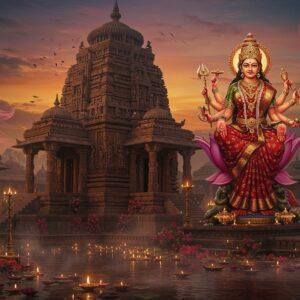 A majestic ancient stone temple with intricate Odishan architecture rising against a mystical twilight sky, with the main shrine illuminated by warm golden light from within. In the foreground, Goddess Kalyaneshwari in her divine form with 4 arms, wearing a red and gold silk saree, adorned with traditional Bengali temple jewelry, seated on a golden lotus throne. Her upper right hand holds a lotus, upper left holds a bell, lower right in abhaya mudra, and lower left holds a kamandalu. The temple complex features ornate carved pillars with traditional Bengali-style curved roof architecture, surrounded by blooming red hibiscus flowers and sacred oil lamps. Ethereal streams of divine energy in soft pink and gold swirl around the temple, creating a supernatural aura. The scene is enhanced by floating diyas on a sacred pond in the foreground, their reflections creating patterns of light. Art style combines traditional Pattachitra elements with modern digital art techniques, emphasizing rich colors like deep maroon, saffron, and gold, with a dreamy, spiritual atmosphere created by soft glowing lights and misty effects.