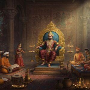 A majestic scene depicting Emperor Harsha seated on an ornate golden throne in his Kanauj durbar, wearing rich silk robes in deep maroon with intricate gold embroidery, adorned with precious gems and a distinctive crown. Behind him, a massive carved stone wall features Madhubani-style artwork showing scenes from his conquests. The durbar hall combines architectural elements of Gupta and post-Gupta periods, with towering pillars decorated with lotus motifs and peacock designs. To his left, Buddhist monks in saffron robes study manuscripts, while to his right, Hindu scholars engage in discourse, representing his religious tolerance. The foreground shows dancers performing at court, wearing traditional period-accurate costumes in peacock blue and gold. Soft, ethereal light streams through ornate jharokhas, creating a mystical atmosphere. The scene integrates traditional Pattachitra art style with modern digital rendering, featuring rich jewel tones, detailed patterns, and a surreal, dreamy quality. Ancient musical instruments, pottery, and court artifacts are scattered authentically throughout the scene, illuminated by golden oil lamps. A stylized map of Harsha's empire forms a subtle watermark in the background, executed in glowing mandala patterns.