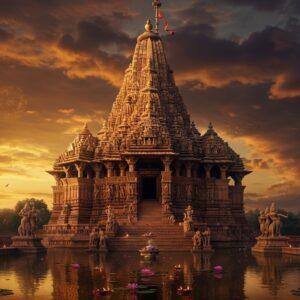 A grand, majestic view of the Kandariya Mahadeva Temple during golden hour, towering 31 meters high against a dramatic sky filled with swirling saffron and deep purple clouds. The temple's ornate shikhara (spire) is detailed with intricate Nagara architecture style, featuring 84 smaller spires in precise geometric patterns. The sandstone structure glows with warm, ethereal light, with rays of sunlight filtering through the ornate jali work. The foreground showcases elaborate sculptures of celestial dancers (apsaras) and divine couples, carved with incredible detail in the traditional Khajuraho style. Surrounding the temple are blooming lotus pools reflecting the structure, creating a mirror image. Floating diyas and flower petals dot the water's surface. The scene incorporates mystical elements with subtle golden mandalas floating in the air, and thin trails of incense smoke creating ethereal patterns. The composition emphasizes the temple's monumentality through a low-angle perspective, with the main entrance and its intricate carved doorway as the focal point. Art style merges hyperrealistic architectural detail with magical realism, rendered in rich, deep colors of maroon, gold, and sandstone brown, with artistic elements of traditional Madhubani patterns in the sky.