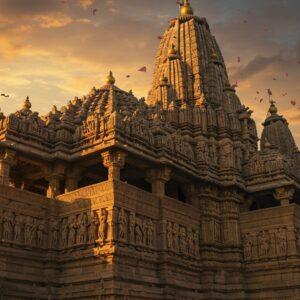 A majestic stone temple rising against a mystical dawn sky, featuring intricate Nagara-style architecture with multiple spires reaching skyward. The main shikhara towers 31 meters high, adorned with ornate carvings and sculptures in honey-colored sandstone. The foreground showcases detailed sculptural panels depicting celestial apsaras in graceful dance poses, their forms carved with incredible detail showing traditional jewelry and clothing. Divine couples and mythological scenes are portrayed in bas-relief on the temple walls, featuring detailed textures and shadows. Ethereal golden light bathes the structure, creating dramatic shadows that highlight the sculptural details. Mystical smoke tendrils and floating lotus petals add a spiritual atmosphere. The scene combines photorealistic textures of ancient stone with magical lighting effects. Multiple carved layers of the temple are visible, showing the complex architectural hierarchy. The style merges traditional Indian temple architecture photography with ethereal fantasy elements, rendered in high detail with rich, warm colors and dramatic lighting. Shot from a slightly low angle to emphasize the temple's grandeur.