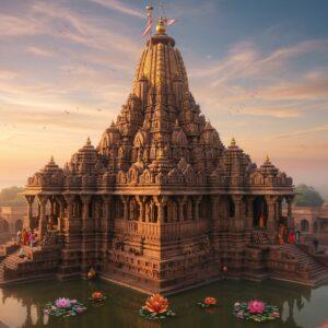 A majestic aerial view of Kandariya Mahadeva Temple illuminated by golden morning sunlight, rising 31 meters tall against a mystical sky filled with soft pastel clouds. The temple's detailed spires and shikhara create a dramatic ascending composition with 84 smaller spires arranged in a geometric mountain-like formation. Intricate sandstone carvings of celestial beings, divine couples, and geometric patterns visible on the temple walls, enhanced with subtle golden highlights. The foreground features a serene reflection pool with floating lotus flowers in peacock blue and saffron colors. Mandala-inspired sacred geometry patterns emerge from the temple's shadows, creating ethereal light effects. The scene captured in a blend of photorealistic architecture and mystical Madhubani art style, with rich textures emphasizing the temple's grandeur. Soft morning mist adds depth, while devotees in traditional Indian attire circumambulate the temple, providing scale reference. The color palette combines warm sandstone hues, deep maroons, and touches of gold with modern digital lighting effects.