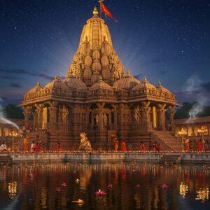 A majestic night scene of the Kandariya Mahadeva Temple illuminated by golden moonlight and floating diyas, rising 102 feet tall against a deep indigo sky filled with twinkling stars. The temple's spires are intricately detailed with carved figures of celestial dancers and deities in traditional Nagara architecture style. In the foreground, a serene water reflection pool mirrors the temple, with floating lotus flowers and oil lamps creating a mystical atmosphere. Lord Shiva's sacred bull Nandi sits prominently in detailed bronze, facing the temple entrance. The temple walls feature detailed erotic sculptures and religious motifs in weathered sandstone, with soft ambient lighting highlighting the intricate carvings. Divine rays of light emerge from behind the main shikhara, creating a heavenly glow. Small groups of devotees in traditional Indian attire perform aarti with brass lamps, their silhouettes casting long shadows. Wisps of incense smoke curl through the air, creating an ethereal atmosphere. The scene combines photorealistic architecture with magical lighting effects, rendered in a style blending traditional Madhubani patterns with modern digital art techniques. Rich colors of deep maroon, gold, and peacock blue dominate the palette.