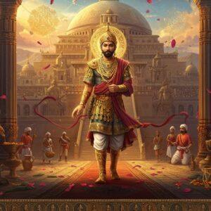 A majestic scene depicting Emperor Kanishka in ornate Kushan royal attire with Greek-influenced drapery, adorned with intricate gold jewelry and his distinctive tall boots, standing at the center of a grand Buddhist monastery. His figure emanates a golden aura against a backdrop of a massive Greco-Buddhist architectural marvel featuring Indo-Greek columns and Buddhist stupas. The left side of the composition shows detailed Gandharan-style Buddha statues with Greek facial features and flowing robes, while the right side displays merchants along the Silk Road trading precious gems and artifacts. The foreground features a detailed Madhubani-style border containing motifs of lotus flowers, coins showing Kanishka's profile, and Buddhist symbols. The scene is illuminated by warm, ethereal light with floating silk ribbons and flower petals. Rich colors of royal blue, gold, and deep crimson dominate the palette. The art style merges hyperrealistic digital rendering with traditional Indian art patterns, creating a surreal yet historically accurate atmosphere. Subtle mandala patterns float in the background sky, connected by threads of golden light.