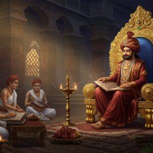 A majestic scene depicting an ancient Indian royal court, featuring a Kanva ruler seated on an ornate golden throne adorned with intricate Madhubani-style peacock motifs. He wears rich silk robes in deep maroon with gold embroidery, a prominent royal turban with precious gems, and holds ancient Sanskrit manuscripts. The backdrop shows a grand palace architecture with towering pillars decorated in traditional Pattachitra art style, featuring detailed stories of Vedic teachings. In the foreground, scholars in white dhoti and angavastram engage in philosophical discussions, surrounded by bronze oil lamps and vedic manuscripts. The scene is illuminated by warm, ethereal golden light streaming through ornate windows. The color palette combines rich royal colors - deep blues, burgundy, and gold - with soft, mystical glowing effects. The atmosphere suggests both scholarly wisdom and royal power, with subtle mandala patterns floating in the air. Artistic style merges hyperrealistic historical accuracy with ethereal, spiritual elements, showcasing both the dynasty's political power and its patronage of Sanskrit literature and Vedic learning.