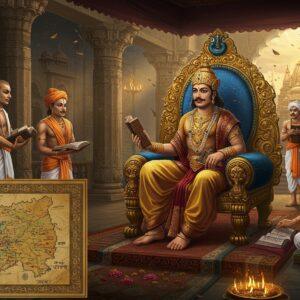 A majestic scene depicting an ancient Indian royal court, featuring a Kanva Dynasty ruler in rich gold-embroidered royal attire seated on an ornate throne with peacock motifs. The throne room shows intricate Mauryan-style architecture with polished stone pillars and carved lotus patterns. The ruler holds ancient Sanskrit manuscripts in one hand and a royal scepter in another. Around him are court scholars in white dhoti and angavastram, engaged in scholarly discussions. The background shows a grand temple complex with distinctive Mauryan architectural elements. The scene is illuminated by golden light streaming through ornate windows, creating dramatic shadows. In the foreground, a detailed map of Magadha territory carved on copper plates. The art style combines traditional Madhubani patterns in the clothing details with modern digital rendering techniques. The color palette features deep royal blues, burnished golds, and rich maroons. Ethereal glowing mandalas float in the background, while symbolic elements like sacred flames and lotus flowers frame the composition. Hyperrealistic details in the facial features and textile textures, with a mystical, otherworldly atmosphere created through subtle lighting effects and floating particles.