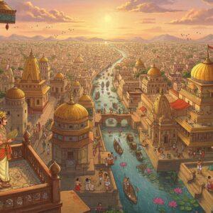 A majestic aerial view of the ancient Pataliputra capital during the Kanva Dynasty, rendered in rich Madhubani-inspired art style. The scene shows a vast cityscape with intricate golden-domed structures, interconnected by flowing rivers. In the foreground, a noble Kanva ruler in royal attire (cream and saffron silk robes, golden crown with precious gems) stands on an ornate balcony, overlooking his kingdom. The architecture features detailed patterns combining Buddhist and Hindu motifs, with towering stupas and temples adorned with peacock blue and deep maroon details. Flowing trade caravans with merchants in period-accurate clothing wind through the streets. Sacred lotus ponds reflect the warm sunset sky. The scene is enhanced with ethereal glowing elements, small floating lights, and subtle mandala patterns in the clouds. The color palette combines deep traditional colors (gold, saffron, maroon) with soft spiritual tones (pale pink sky, turquoise water). Minute details include ancient Sanskrit scriptures carved on temple walls, astronomers studying celestial bodies from observatories, and artists crafting sculptures. The overall composition suggests power, prosperity, and cultural synthesis, rendered in a harmonious blend of traditional and digital art techniques.