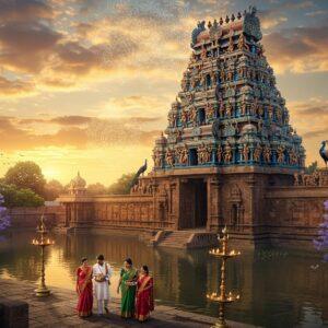 A majestic aerial view of Kapaleeshwarar Temple during golden hour, with its iconic 37-meter tall eastern gopuram dominating the composition, painted in traditional deep blues and rich terracotta reds. The intricate Dravidian architecture features detailed sculptures of deities and mythological figures, with golden light hitting the ornate vimana. A peaceful stone-paved path leads to the temple, lined with traditional brass lamps and blooming purple jacaranda trees. In the foreground, a young Indian family in contemporary clothing (father in modern kurta, mother in silk saree, child in casual wear) walking towards the temple, carrying traditional puja items in brass vessels. The sky features soft, ethereal clouds in pastel oranges and pinks, with peacocks perched on the temple walls. A subtle overlay of a glowing mandala pattern enhances the spiritual atmosphere. The Temple tank (Sannidhi tank) reflects the gopuram perfectly in its calm waters. The scene combines both documentary-style architectural accuracy with magical realism, rendered in a style mixing traditional Tanjore painting techniques with modern digital art aesthetics. Lighting emphasizes the golden hour glow, creating a warm, inviting atmosphere.