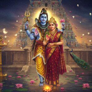 A divine cosmic scene depicting Lord Shiva as Kapaleeshwarar and Goddess Parvati as Karpagambal in an ethereal embrace, rendered in stunning Dravidian temple architectural style. Kapaleeshwarar with four arms, holding damaru and deer in upper hands, and bestowing blessings with lower hands, adorned with crescent moon, serpents, and matted locks with Ganga flowing. Karpagambal in a rich maroon silk saree with gold border, wearing traditional Tamil temple jewelry, holding a red lotus. Behind them, an intricately detailed Gopuram of Kapaleeshwarar temple in peacock blue and gold, with carved stories. The scene is illuminated by warm golden light, with floating jasmine flowers and peacock feathers. Mystical energy swirls in luminescent blues and purples around them. The foreground features a sacred temple tank with floating lotus flowers and reflected moonlight. Style merges hyperrealistic digital art with traditional Tamil temple painting aesthetics, emphasizing divine romance and spiritual energy with a dreamy, ethereal quality.