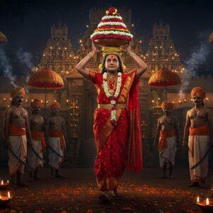 A majestic nighttime scene of the Karaga festival procession in Bangalore, centered on a male priest dressed as Draupadi in a magnificent red silk saree, balancing an illuminated floral karaga pot on his head adorned with jasmine flowers. The priest walks barefoot with perfect poise, surrounded by traditional Veerakumaras wielding drawn swords that glint in the moonlight. The background features the ornate Dharmaraya Swamy temple architecture with its traditional Dravidian gopuram illuminated by hundreds of oil lamps. Intricate Madhubani-style patterns frame the scene, incorporating peacock motifs and geometric designs in gold. The atmosphere is mystical with floating diyas, burning torches, and scattered marigold petals. The color palette focuses on deep reds, burnished gold, and royal blue, with accents of orange from the flames. Smoke from incense creates ethereal swirls in the night air. The art style combines hyperrealistic traditional Indian temple art with modern digital painting techniques, emphasizing the dramatic lighting from multiple flame sources. The composition should capture both the ceremonial grandeur and spiritual essence of this ancient tradition.