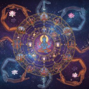 A mesmerizing circular mandala design composed of interconnected golden threads forming the wheel of karma, floating in a mystical space. In the center, a serene Indian figure in lotus position levitates, surrounded by multiple ethereal rings showing different life stages - from birth to death. The rings contain intricate Madhubani-style illustrations depicting various karmic actions and their consequences. Swirling energy patterns in deep indigo and saffron connect each scene. The background features a gradient from deep midnight blue to cosmic purple, with subtle sacred geometry patterns. Floating lotus flowers in pastel pink and white emit a soft glow. Multiple translucent hands in bronze and gold tones reach both upward and downward, symbolizing cause and effect. Delicate light particles and wisps of spiritual energy flow throughout the composition. The art style combines traditional Indian Pattachitra patterns with modern digital art techniques, featuring rich textures and a luminescent quality. The overall composition should create a sense of cosmic balance, spiritual depth, and eternal cycles.