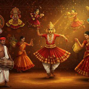 A vibrant scene depicting traditional Karnataka village life, featuring dancers performing Veeragase folk dance with dramatic red and gold face paint and ornate costumes in motion. In the foreground, a Dollu Kunitha drummer in traditional white dhoti and red headband plays an intricately decorated percussion instrument. The background showcases a stylized Kaavi art wall painting in deep terracotta with white traditional motifs. Scattered throughout the scene are elements of Yakshagana theater masks, colorful Togalu Gombeyaata leather puppets suspended in air, and women in traditional Ilkal sarees performing Suggi Kunitha harvest dance with golden harvest props. The lighting creates a magical atmosphere with warm golden rays filtering through, highlighting the dancers' movements. The color palette focuses on deep earthy reds, rich golds, forest greens, and royal blues typical of Karnataka folk arts. The scene is rendered in a fusion of traditional Mysore painting style and modern digital art techniques, with intricate patterns and motifs floating in the background. Soft glowing mandalas and folk art patterns frame the composition, while ethereal light particles dance around the performers.