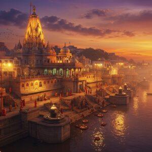 A magnificent aerial view of the illuminated Kashi Vishwanath Corridor at golden hour, with the sacred Ganga river flowing alongside, reflecting golden lights. The main temple's ornate spire rises prominently in pure gold against a deep purple-orange sunset sky. Detailed Madhubani-style patterns seamlessly blend into modern architectural elements. The corridor features intricate marble work with traditional motifs, while devotees in traditional Indian attire walk through the expansive pathway. Several ancient Shiva lingams appear along the sides, each emanating a subtle divine glow. The scene includes floating diyas on the Ganga, creating a pathway of light. Multiple levels of the corridor are visible with grand staircases, incorporating traditional Indian architecture with contemporary design. The atmosphere is mystical with soft fog near the river, and rays of light breaking through clouds to illuminate the temple dome. The color palette focuses on deep maroons, saffron, gold, and peacock blue, with detailed stone carving patterns visible in the architecture. The entire scene is rendered in a style merging traditional Pattachitra art with modern digital aesthetics, highlighting both heritage and contemporary grandeur.