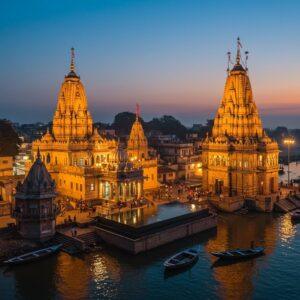 A majestic aerial view of the golden-spired Kashi Vishwanath Temple complex illuminated at dusk, with the sacred Ganges River flowing beside it. The temple's intricate architecture features detailed carved pillars and ornate domes in traditional Nagara style. In the foreground, a luxurious modern boutique hotel with a rooftop infinity pool reflects the temple's golden lights. The scene is composed in a Madhubani-inspired art style with rich colors - deep blues of twilight sky, warm golden temple lights, and soft orange sunset hues. Small boats with glowing diyas dot the riverbank, while contemporary buildings with traditional Indian architectural elements blend seamlessly into the ancient landscape. Floating lotus flowers and delicate mandala patterns frame the composition, creating a harmonious blend of modern luxury and spiritual heritage. The lighting is ethereal with a warm golden glow emanating from the temple spires, creating mysterious shadows and highlights across the architectural details.