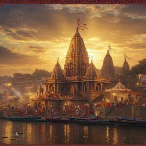 A majestic aerial view of Kashi Vishwanath Temple complex at golden hour, with the sacred Ganga River flowing beside it. The main temple's 24-karat gold-plated spires gleam brilliantly against a mystical sky filled with soft saffron and purple clouds. Intricate Madhubani-style patterns frame the scene, featuring detailed mandalas and sacred symbols in deep maroon and peacock blue. The temple architecture is rendered in photorealistic detail, showing the ornate stone carvings and the iconic black stone Shivalinga in the sanctum, illuminated by floating diyas. Multiple smaller shrines and the newly constructed corridor are visible, with devotees in traditional attire creating flowing patterns of movement. Sacred white cows, flower garlands, and billowing incense smoke add layers of authenticity. The scene is captured in a cinematic wide-angle perspective with volumetric god rays filtering through the temple towers, creating an ethereal atmosphere. Traditional Varanasi boats with brass lamps dot the riverbank, while the ancient ghats reflect the golden light. The overall composition balances historical accuracy with modern digital art techniques, emphasizing both grandeur and spirituality.