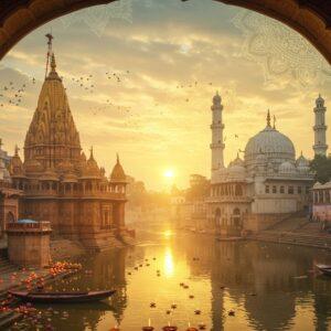 An architectural marvel showcasing both the Kashi Vishwanath Temple's golden spires and the Gyanvapi Mosque's domes in a harmonious composition, viewed from an elevated perspective during golden hour. The temple's ornate shikhara is adorned with intricate Nagara-style carvings and traditional Hindu motifs in gold leaf, while the mosque's white domes reflect the setting sun. The scene features the sacred Ganga river in the foreground with floating diyas and lotus flowers, creating mirror-like reflections. Ancient stone steps (ghats) lead to both structures. The atmosphere is mystical with soft ethereal fog and golden light rays filtering through. Delicate mandala patterns and geometric Islamic artwork float as translucent overlays in the sky. Art style combines hyperrealistic architectural details with Madhubani-inspired decorative elements and modern digital art techniques. The color palette focuses on deep gold, saffron, ivory, and azure blue. The scene is framed by ornate stone archways featuring both Hindu and Islamic architectural elements in a respectful coexistence.