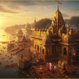 A majestic aerial view of Kashi Vishwanath Temple complex at dawn, with golden sunlight reflecting off its iconic gold-plated domes and spires. The sacred Ganga river flows in the foreground with illuminated diyas floating on its surface. The temple architecture features intricate Nagara-style details with ornate carvings and mandala patterns. In the foreground, a respectfully dressed Indian family (father in kurta, mother in traditional silk saree, and two children) approaches the temple through the newly constructed corridor. The scene is dotted with sacred elements - burning incense creating mystical smoke patterns, flower garlands, and bell sounds visualized as golden ripples in the air. The color palette combines deep maroons, saffron, and gold with ethereal morning blues. Multiple ghats leading to the temple are visible with devotees performing morning rituals. The Shiva lingam symbol appears as a subtle watermark in the sky, rendered in a modern minimalist style. The entire scene is rendered in a fusion of traditional Pattachitra art style with contemporary digital techniques, creating a photorealistic yet spiritually enriched atmosphere.