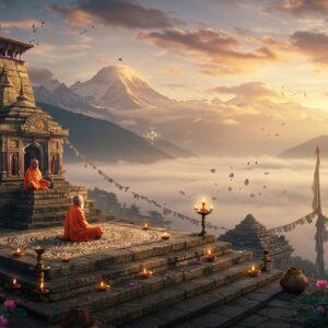 A majestic panoramic view of Kashipur nestled at the foothills of misty Himalayas at sunrise, with ancient stone temples emerging from morning fog. In the foreground, a serene meditation spot with intricate Madhubani-style mandala patterns on stone platform, surrounded by blooming lotus flowers and prayer flags gently swaying in the wind. The scene features warm golden sunlight filtering through clouds, creating ethereal rays that illuminate the landscape. Traditional oil lamps with glowing flames line the temple steps. A peaceful Indian sadhu in saffron robes sits in meditation pose, surrounded by soft, glowing aura. The background showcases snow-capped peaks with floating clouds in peacock blue and soft pink hues. Artistic elements include stylized sacred geometry patterns, floating flower petals, and subtle spiritual symbols etched in gold. The composition combines photorealistic Himalayan landscape with mystical Indian art elements, creating a dreamy, inviting atmosphere. Hyperrealistic digital art style with rich textures and atmospheric lighting.