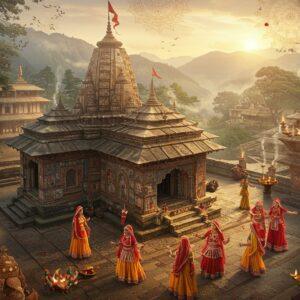 A majestic aerial view of Kashipur's ancient Moteshwar Mahadev Temple at golden hour, with intricate Kumaoni architecture in traditional stone and wood work. In the foreground, a group of local women in colorful Kumaoni attire (vibrant reds and yellows) perform the traditional Jhoda dance. The temple courtyard features detailed Madhubani-style artwork depicting scenes from local folklore. Surrounding the scene are detailed representations of Kashipur's famous handicrafts - brass work, wooden artifacts, and traditional textile patterns. The background shows the misty Kumaon hills with floating golden mandalas and sacred geometric patterns. Soft ethereal lighting bathes the scene, creating a dreamy atmosphere with glowing diyas and floating lotus flowers. The art style combines hyperrealistic digital rendering with traditional Indian art patterns, featuring deep maroons, peacock blues, and gold accents. The scene includes delicate details of incense smoke forming spiritual motifs in the air, and traditional musical instruments like dhol and damau in ornate details.