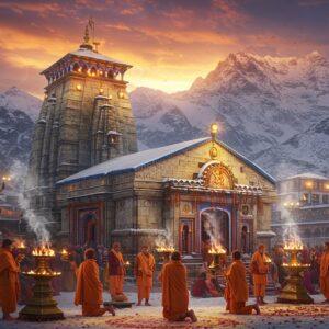 A majestic Kedarnath temple nestled in snow-capped Himalayas during sunrise, with golden rays illuminating its ancient stone architecture. In the foreground, a group of priests in traditional saffron robes perform aarti with large ornate brass lamps, creating multiple circles of golden light. Smoke from ritual fire and incense creates ethereal swirls in the air, intertwining with floating flower petals. The temple's intricate carvings are detailed with a combination of Madhubani and digital art style, highlighted by warm glowing light. Local devotees in traditional Garhwali attire (women in colorful pichora and men in white dhoti-kurta) are shown performing parikrama. The scene includes sacred Nandi bull in perfect detail, covered partially in snow. The color palette combines deep maroons, saffron, and gold with cool Himalayan blues and whites. Mystical elements include subtle mandalas in the sky, glowing diyas floating in the air, and sacred symbols etched in snow. The atmosphere captures both the spiritual grandeur and the raw natural beauty of Kedarnath, styled in a hyperrealistic digital art form with magical realism elements.