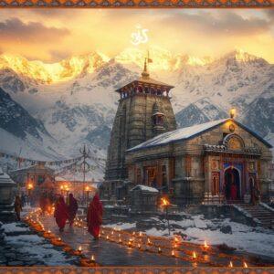 A majestic Kedarnath temple nestled in the snow-capped Himalayas during sunrise, with golden rays illuminating its ancient stone architecture. The temple stands tall with intricate carved details, showing traditional Nagara style architecture with a massive mandapa and shikhara. In the foreground, a line of pilgrims in traditional Indian attire walking along a winding path, their silhouettes creating a beautiful pattern. Surrounding the temple are vibrant prayer flags fluttering in the wind, and scattered marigold flowers adding warm orange touches to the pristine white snow. The scene is wrapped in a mystical atmosphere with swirling mists and ethereal light, while Lord Shiva's trishul symbol appears as a subtle golden overlay in the sky. The color palette combines cool Himalayan blues and whites with warm golden sunlight and deep temple stones. The art style merges photorealistic architectural details with Madhubani-inspired decorative elements in the sky and borders. Soft glowing diya lamps line the path, creating points of warm light in the scene. The image should have a cinematic wide-angle perspective that captures both the grandeur of the mountains and the spiritual significance of the temple.