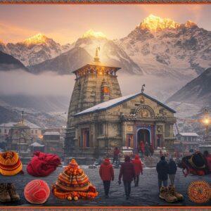 A breathtaking panoramic view of the majestic Kedarnath temple nestled in snow-capped Himalayas at sunrise, with golden rays illuminating the ancient stone structure. A group of pilgrims in modern winter gear (down jackets in deep maroon and saffron) walking towards the temple through a misty path. Traditional Madhubani-style border patterns frame the scene, featuring intricate mountain motifs in peacock blue and gold. The foreground shows essential pilgrimage items arranged in a mandala pattern: wool caps, thermal wear, trekking shoes, prayer beads, and water bottles. Ethereal glowing aura surrounds the temple spire, with soft pastel clouds creating a mystical atmosphere. Small details include prayer flags fluttering in the wind and snow crystals sparkling in the morning light. The scene combines photorealistic landscape photography with traditional Indian art elements, creating a surreal and spiritual ambiance. Soft morning mist partially veils distant mountain peaks, while the temple stands in sharp, detailed focus.