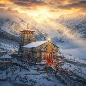 A majestic aerial view of the sacred Kedarnath Temple nestled in the snow-capped Himalayas, captured during golden sunrise hours. The ancient stone temple glows with divine ethereal light, surrounded by pristine snow and towering peaks. In the foreground, a winding path leads to the temple, where small figures of pilgrims in traditional Indian winter wear can be seen making their way up. The scene features mystical elements like soft golden rays breaking through clouds, creating a heavenly atmosphere. Prayer flags flutter in the wind, adding splashes of color. The artwork combines hyperrealistic architectural details of the temple with magical realism, showing swirling mandalas and sacred geometry patterns in the sky. The color palette includes deep blues of the mountain shadows, golden sunlight, pure white snow, and the weathered grey of the ancient temple stones. Ethereal mist partially shrouds the base of the mountains, creating a dreamlike atmosphere. The temple's intricate carvings are highlighted with a subtle golden glow, emphasizing its spiritual significance. The style merges photorealistic landscape photography with traditional Indian artistic elements, creating a modern yet spiritually rich composition.