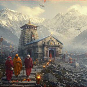 A serene panoramic view of the majestic Kedarnath temple nestled in the snow-capped Himalayas, with intricate Madhubani-style borders. In the foreground, a group of elderly Indian pilgrims (3-4 people, aged 60+) in warm traditional clothing making their way up stone steps, supported by walking sticks and each other. A golden ethereal light bathes the scene, creating a divine atmosphere. Soft, glowing mandala patterns float in the misty mountain air. The temple's ancient stone architecture is detailed with traditional Indian artistic elements, showing its weathered texture and spiritual significance. Prayer flags flutter in the wind, and a gentle stream flows nearby. The color palette includes deep maroons, saffron, silver-grey of the mountains, and touches of celestial blue. The elderly pilgrims' faces show determination and devotion, with peaceful expressions. Small glowing diyas and flower offerings dot the path. Helicopter in modern style visible in far background. Digital art style merging photorealism with traditional Indian art elements, emphasizing both the challenges and spirituality of the journey. Atmospheric perspective showing depth and scale of the mountains.