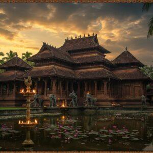 A magnificent Kerala temple at golden hour, featuring traditional Kerala architectural elements with sloped tiled roofs in multiple tiers (panchabhuta style), intricate wooden carvings on exposed beams, and brass-covered dwajasthambam (flagpole). The temple's reflection shimpers in a serene temple pond filled with pink lotus flowers. Detailed stone elephants guard the entrance, while ornate copper vilakkus (traditional lamps) cast a warm golden glow. The scene includes towering coconut palms framing the structure against a dramatic sky with monsoon clouds. The foreground showcases detailed kolam patterns in vibrant colors. Intricate Pattachitra-style border details incorporate Kerala motifs like kathakali masks and theyyam headgear. The lighting emphasizes the weathered wooden details and brass work, creating a mystical atmosphere with soft rays of sunlight filtering through the clouds. Style combines hyperrealistic architectural details with ethereal lighting and traditional Indian art elements. Deep colors of maroon, gold, and forest green dominate, with hints of peacock blue in the sky.