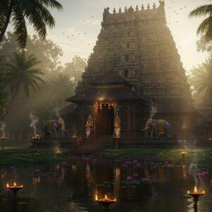 A majestic Kerala temple at dawn, featuring traditional Dravidian architecture with multi-tiered gopurams adorned in intricate gold and maroon carvings. The temple pond in the foreground reflects the structure perfectly, with blooming pink lotus flowers. Tall coconut trees frame the scene. Oil lamps cast a warm golden glow, with smoke trails creating mystical patterns. Two elephants decorated with traditional Kerala temple ornaments stand regally at the entrance. The scene includes subtle details like brass temple bells, intricate wooden carvings, and traditional kerala mural art on walls. Morning sun rays filter through misty air, creating divine light beams. In the foreground, traditional kerala style stone deepastambhams (lamp posts) illuminate the path. The color palette focuses on deep browns, burnt orange, gold, and forest greens. The style combines hyperrealistic architectural details with ethereal lighting and mystical atmosphere, rendered in high-end digital art style with attention to Kerala's traditional architectural elements.