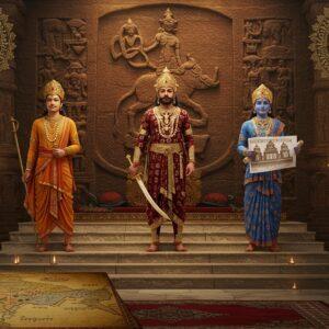 A majestic scene depicting three powerful Chalukya kings standing atop ornate marble steps of a grand durbar hall, wearing elaborate golden crowns and royal regalia with precious gemstones. The central figure, Pulakeshin II, stands tall in rich maroon and gold robes, holding his signature sword. On his right, Vikramaditya II in peacock blue royal attire with intricate patterns, holding architectural plans symbolizing his patronage of temples. On his left, Kirtivarman I in saffron robes holding a golden scepter. Behind them, a massive carved wall featuring the Chalukya dynasty's emblem of a boar in intricate Badami style rock-cut architecture. The scene is illuminated by traditional brass oil lamps creating a warm, ethereal glow. In the foreground, a detailed map of the Chalukya empire rendered in traditional Madhubani style with gold leaf highlights. The entire composition is framed by ornate pillars featuring classic Chalukyan architectural motifs and carvings. Floating mandalas and subtle sacred geometry patterns in gold add a mystical element to the atmosphere. The art style combines hyperrealistic character rendering with traditional Indian artistic elements, creating a rich, detailed historical scene with modern digital polish.