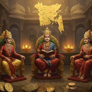 A majestic durbar scene depicting four distinguished Sena dynasty rulers in rich, ornate attire, seated on intricately carved golden thrones arranged in a circular formation. Each ruler wears elaborate crowns and royal Bengali dress from the 11th-12th century with detailed jewelry. The central figure, Lakshmana Sena, holds ancient Sanskrit manuscripts and is surrounded by scholars. The backdrop features a grand palace architecture with Bengal-style curved roofs and pillars, adorned with detailed Pala-Sena era motifs and patterns. Floating above them is a stylized map of Bengal rendered in gold leaf showing their kingdom's extent. The scene is illuminated by warm, ethereal light filtering through ornate palace windows. In the foreground, symbolic elements like Sanskrit inscriptions on copper plates, coins bearing Sena dynasty emblems, and religious texts represent their cultural contributions. The color palette focuses on royal blues, deep maroons, and burnished golds typical of medieval Bengali art. The art style blends traditional Pattachitra techniques with modern digital fantasy art while maintaining historical accuracy in clothing and architecture. Soft glowing auras surround the rulers, creating a mystical atmosphere.