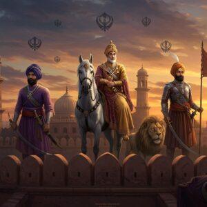 A majestic panoramic scene depicting three powerful figures from the Sikh Empire standing atop the ramparts of Lahore Fort at sunset. In the center, Maharaja Ranjit Singh stands regally in royal attire with his distinctive eye patch, wearing a magnificent golden crown adorned with the Koh-i-Noor diamond, mounted on his white stallion. To his right, Hari Singh Nalwa, the legendary general, stands fierce in battle armor holding his famous sword, with a Persian lion symbolically crouching at his feet. To the left, Baba Deep Singh ji holds his massive double-edged sword with his head slightly tilted, embodying supreme sacrifice. The background features the intricate architecture of the fort with Mughal-style domes and minarets, bathed in warm golden light. Khanda symbols and geometric Sikh patterns float ethereally in the sky. The scene is rendered in a blend of hyperrealistic digital art with elements of traditional Indian miniature painting style. Rich colors of deep blues, royal purples, and burnished golds dominate. Flowing flags of the Sikh Empire flutter in the wind, while servant holds the Nishan Sahib. The lighting creates dramatic shadows and highlights the ornate details of their weapons, armor, and jewelry. The composition suggests power, spirituality, and historical grandeur.