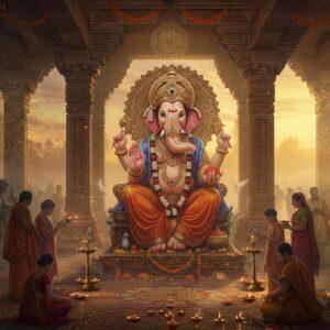 A majestic, intricately detailed Ganesha temple architecture in traditional Maratha style, illuminated by warm golden sunrise. Lord Ganesha idol, depicted with four arms (holding modak, lotus, axe, and blessing pose), adorned with rich jewelry and a magnificent crown, sits prominently in the center. The temple features ornate stone carvings with traditional Madhubani-style patterns, decorated with fresh marigold garlands and lotus flowers. Devotees in traditional Indian attire performing aarti with brass lamps creating a divine glow. The foreground shows detailed rangoli patterns with peacock motifs and floating diyas. The background reveals mystical morning mist with soft rays of light filtering through, creating a ethereal atmosphere. The scene incorporates elements of both classical Indian temple architecture and modern digital art techniques, with a color palette of deep maroons, saffron, gold, and peacock blue. Intricate mandala patterns float in the air, emanating sacred energy. The overall composition should convey both historical grandeur and spiritual serenity.