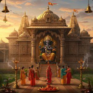A majestic, larger-than-life Lord Ganesha temple architecture in traditional Maratha style, illuminated by warm golden morning light. The temple features intricate stone carvings and golden spires reaching toward a dawn sky filled with soft pastel clouds. Lord Ganesha's sacred idol visible through the temple entrance, crafted in black stone with rich golden ornaments and a magnificent tilak. The foreground shows devotees in colorful traditional Indian attire offering red flowers and modaks. Surrounding the temple are beautiful landscaped gardens with blooming lotus ponds and ceremonial brass lamps. The scene incorporates both Madhubani and modern digital art styles, with detailed patterns on the temple walls featuring traditional Hindu motifs. Ethereal rays of light filter through incense smoke, creating a mystical atmosphere. The color palette includes deep maroons, saffron, gold, and peaceful blues. Sacred elements like bells, coconuts, and garlands add authentic detail. The overall composition suggests both spiritual significance and tourist appeal, with the architectural grandeur being the focal point.