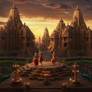 A majestic aerial view of Khajuraho temple complex at golden hour, with intricate sandstone spires reaching towards a dramatic sky filled with warm orange and purple clouds. In the foreground, detailed classical Indian dancers in traditional attire perform gracefully on an ornate stone platform, their poses mirroring the famous temple sculptures. The scene is illuminated by multiple oil lamps creating a mystical atmosphere. The temple walls feature highly detailed carvings of celestial beings, mythological scenes, and traditional life rendered in Madhubani-inspired art style. Surrounding the temples are perfectly manicured gardens with blooming lotus ponds reflecting the temple silhouettes. The lighting emphasizes the intricate architectural details, with soft golden rays filtering through the temple towers. Peacocks with elaborate feathers grace the temple grounds, adding visual richness. The entire scene is rendered in a photorealistic style with fantasy elements, featuring rich earth tones, deep maroons, and gold accents, with a subtle spiritual glow emanating from the temple structures. Hyperdetailed, cinematic, epic scale, architectural photography influence.