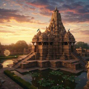 A majestic aerial view of Khajuraho temple complex during golden hour, with the Kandariya Mahadeva Temple as the focal point, its towering shikhara reaching towards a mystical sky filled with soft pink and orange clouds. The temple's intricate sandstone architecture features detailed layers of sculptures and carvings, illuminated by warm, divine light streaming through the clouds. In the foreground, ornate sculptures of celestial dancers (apsaras) in graceful poses come alive with a subtle ethereal glow. The scene is surrounded by perfectly manicured gardens with blooming lotus ponds reflecting the temple's grandeur. Artistic elements include delicate mandala patterns floating in the air, subtle golden light particles, and peacocks perched on the temple spires. The style combines hyperrealistic architectural details with magical realism, featuring rich earth tones of sandstone contrasted with deep blues and golds. The lighting emphasizes the three-dimensional aspects of the carvings and creates dramatic shadows that highlight the temple's architectural complexity. Photo-realistic, cinematic composition, architectural photography, ultra-detailed, volumetric lighting, golden hour, Madhubani art influences in the sky patterns.