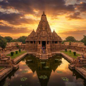 A majestic aerial view of Khajuraho temple complex during golden hour, with intricate sandstone spires reaching towards a dramatic sky filled with warm orange and purple clouds. The main Kandariya Mahadeva temple stands prominently in the center, its shikhara adorned with detailed carvings and multiple ascending spires. Ornate sculptures of celestial beings, dancers, and couples decorating the temple walls are visible in stunning detail. The foreground features a reflective pool with floating lotus flowers, creating perfect symmetry. Rays of sunlight pierce through the clouds, casting divine spotlights on the temple towers. The surrounding landscape includes perfectly manicured gardens with ancient trees and stone pathways. The scene combines photorealistic architectural details with ethereal lighting and mystical atmosphere, rendered in a style blending traditional Madhubani patterns in the sky with modern digital art techniques. Rich colors of honey-gold sandstone, deep maroon shadows, and touches of peacock blue in the water dominate the palette. Small groups of visitors in traditional Indian attire provide scale to the magnificent architecture.