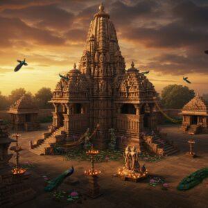 A majestic aerial view of the Kandariya Mahadeva temple at sunset, with its towering shikhara (spire) reaching towards a dramatic sky filled with warm golden and orange hues. The temple's intricate sandstone architecture features detailed carvings of celestial beings, mythological scenes, and geometric patterns, all rendered in a Madhubani-inspired art style. In the foreground, elegant stone sculptures of divine couples come alive with a subtle ethereal glow. The temple grounds are adorned with blooming lotus flowers and traditional oil lamps casting a warm, mystical light. Mystical threads of golden light weave through the scene, connecting various architectural elements. The surrounding landscape shows other Khajuraho temples in softer focus, creating depth. The scene combines photorealistic architectural details with surreal lighting effects, deep rich colors of maroon and peacock blue in the sky, and metallic gold accents highlighting the carved details. A few peacocks with iridescent feathers grace the temple courtyard, adding movement and life to the scene. The overall composition suggests both historical grandeur and spiritual transcendence, rendered in a style merging traditional Indian art with modern digital aesthetics, 8k resolution, cinematic lighting.