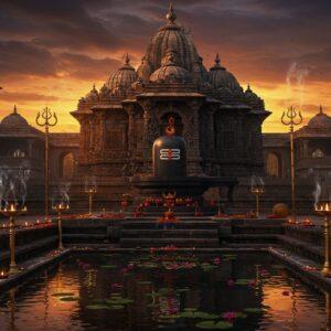 A majestic ancient Shiva temple with intricate Maratha architecture, set against a dramatic sunset sky with deep oranges and purples. Lord Shiva's iconic 12-foot black stone lingam emerges from the center, surrounded by ornate stone carvings and traditional Maharashtrian temple architecture. The temple structure features detailed stone workmanship with peacock motifs and geometric patterns. Sacred oil lamps cast a warm golden glow, creating dramatic shadows on the weathered stone walls. In the foreground, a serene water body reflects the temple's image, with floating lotus flowers and diyas. The scene is enhanced with spiraling incense smoke creating ethereal patterns in the air. Stone steps leading to the temple are adorned with traditional rangoli patterns in vibrant colors. The atmosphere captures both devotional fervor and historical grandeur, with subtle touches of divine light streaming through temple windows. Art style combines hyperrealistic architectural details with a mystical, ethereal quality, rendered in rich, deep colors of maroon, gold, and peacock blue, with intricate Madhubani-inspired patterns in the decorative elements. The lighting creates a dramatic interplay of light and shadow, emphasizing the temple's spiritual significance.
