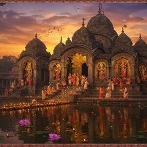 A majestic ancient temple architecture in Bengal Nagara style, with curved rekha deul and intricate stone carvings, illuminated by golden sunset light. The temple sits on elevated ground with wide stone steps leading to it. In the foreground, a serene lotus pond reflects the temple's image. The scene features devotees in traditional Bengali attire (white and red bordered sarees) performing evening aarti with brass lamps. Ornate stone sculptures of various forms of Devi adorning the temple walls, particularly emphasizing the crowned goddess (Kiriteswari). Floating diyas and marigold flowers in the water create golden reflections. The sky features mystical purple and orange hues with wispy clouds. Intricate Madhubani-style patterns frame the scene, incorporating Bengali folk art elements. Peacocks grace the temple courtyard, adding life to the scene. The lighting is dramatic with soft golden rays filtering through the temple arches, creating an ethereal atmosphere. The overall composition should blend photorealism with magical surrealism, maintaining cultural authenticity while creating visual drama.