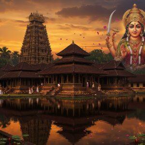 A majestic ancient temple complex in Kerala architectural style with sloped terracotta-tiled roofs and intricate wooden carvings, centered around a golden-hued sanctum sanctorum. The temple pond reflects the structure like a mirror. In the foreground, a larger-than-life, ethereal manifestation of Goddess Bhadrakali appears in her divine form - eight arms holding traditional weapons (sword, shield, trident, conch, bow, arrow, bell, and lotus), adorned in a deep red and gold saree with traditional Kerala temple jewelry. Her face is serene yet powerful, with a subtle third eye. Surrounding the temple are sacred groves with flowering champa trees and oil lamps. The sky features a dramatic sunset in shades of saffron and deep purple, with floating lotus petals and subtle golden sparkles in the air. The scene is rendered in a fusion of traditional Malayali mural art style and modern digital aesthetics, with rich textures and ambient lighting. Small groups of devotees in traditional Kerala attire are shown performing ritual offerings in the background. The overall composition emphasizes both the temple's grandeur and its spiritual significance.