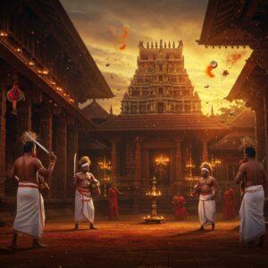An ancient Kerala temple with traditional architecture illuminated by warm golden light at dusk, featuring intricate wooden carvings and copper-plated roof. In the foreground, a group of traditionally dressed oracle priests (velichappadu) in white mundu with red marks on their bodies, performing intense ritual dances with ceremonial swords raised high. Their expressions show divine possession. The temple courtyard shows devotees dressed in red garments carrying traditional oracle sticks (valampiri shankhu). The scene includes swirling red and gold energy patterns in Madhubani style, with floating temple bells and coconut garlands. The background features stylized flames and scattered turmeric powder in the air creating a mystical atmosphere. The central focus is on the temple's sanctum sanctorum with oil lamps casting dramatic shadows. Ethereal light streams through the temple pillars. The color palette emphasizes deep reds, burnished gold, and sacred vermillion, with hints of traditional Kerala temple colors. Hyperrealistic digital painting style with dramatic lighting and atmospheric effects.