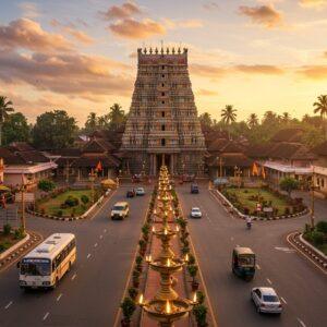 A majestic aerial view of Kodungallur Bhagavathy Temple complex at golden hour, with its traditional Kerala architecture featuring deep red tilted roofs and golden temple flags fluttering in the wind. Multiple pathways adorned with traditional Kerala-style brass lamps lead to the temple from different directions, symbolizing various travel routes. In the foreground, a modern highway seamlessly transitions into these traditional pathways. A state transport bus, a few cars, and auto-rickshaws are visible approaching the temple, rendered in a stylized Madhubani-inspired pattern. The sky features ethereal pastel clouds with hints of peacock blue and soft pink. The temple grounds are dotted with coconut palms and banyan trees, their leaves catching the warm sunlight. Traditional Kerala oil lamps cast a divine golden glow around the temple premises. The entire scene is rendered in a fusion of traditional Pattachitra art style with modern digital aesthetics, emphasizing both the temple's ancient sanctity and its modern accessibility. The colors are rich and deep, with prominent use of maroon, saffron, and gold, while maintaining a serene and inviting atmosphere.