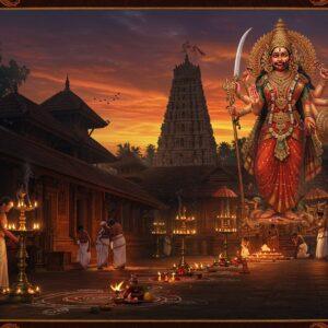 A majestic ancient temple complex in Kerala architectural style with traditional copper-plated roofs and intricate wooden carvings, centered around a powerful, fierce yet maternal Bhagavathy deity in red and gold attire, adorned with traditional Kerala temple jewelry. The goddess holds a sword in her upper right hand, shield in upper left, lotus in lower right, and bell in lower left. Multiple smaller shrines connected by lamp-lit corridors stretch into the distance. The scene is illuminated by hundreds of traditional brass oil lamps creating a warm golden glow. In the foreground, elaborate kolam patterns made with rice flour and red alta lead to the temple entrance. The sky features a dramatic sunset in deep orange and purple hues, with sacred thalapoli (ceremonial umbrellas) visible in the temple courtyard. Devotees in traditional Kerala attire perform ritual offerings. Stylized elements of Theyyam art form frame the scene, featuring intricate patterns in red, gold, and black. The atmosphere is mystical with subtle traces of ceremonial incense smoke creating ethereal patterns in the air. Photorealistic digital art with careful attention to traditional Kerala temple architecture details and ceremonial elements.