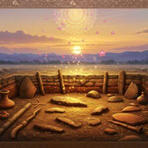 An ancient Indian archaeological site at sunset, featuring weathered stone tools and pottery fragments in earthen tones (ochre, terracotta, deep browns) arranged artistically in the foreground. A stylized excavation scene shows intricate layers of soil in gold and burnt sienna, with delicate rice grain impressions embedded within. Ethereal, glowing mandalas hover above, casting a mystical light on preserved Neolithic artifacts. Traditional Madhubani-style borders frame the scene, incorporating motifs of early farming tools and grains. The background features a dreamy landscape with the Vindhya mountains in soft purples and blues, while floating lotus flowers in pastel pink transition between the archaeological and spiritual elements. Modern digital rendering with high detail on the artifacts, dramatic lighting highlighting the ancient tools, and a subtle golden mist creating depth and mystery. The scene should have a magical realism quality with floating particles of golden light around the artifacts.